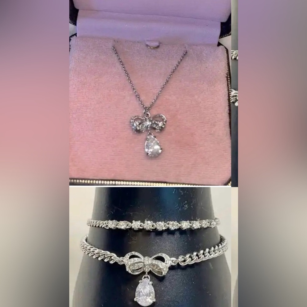 Juicy Couture RARE 2012 Silver Pave Bow Teardrop Set - Necklace & Bracelet Duo